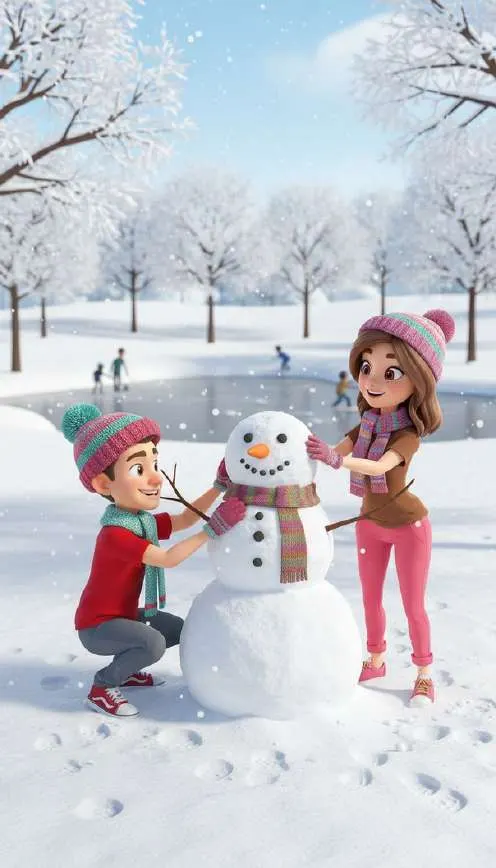 Dos personas con gorros de lana construyen un muñeco de nieve en un parque nevado, dejando huellas en la nieve
