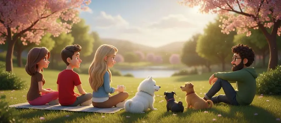 Cuatro personas sentadas en la hierba junto a un lago al atardecer, de espaldas, con sus perros tumbados alrededor entre árboles en flor
