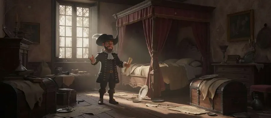 Marco Polo, con el mapa en la mano, junto al cofre abierto de su habitación de Venecia