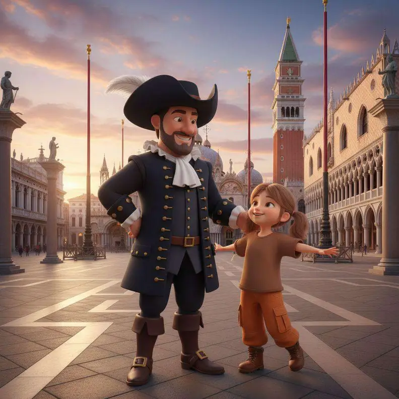 Marco Polo y Nora en la plaza de San Marco al amanecer, con el campanile y el palacio al fondo