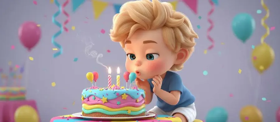 Un niño sopla las dos velas de una tarta de colores entre globos y serpentinas