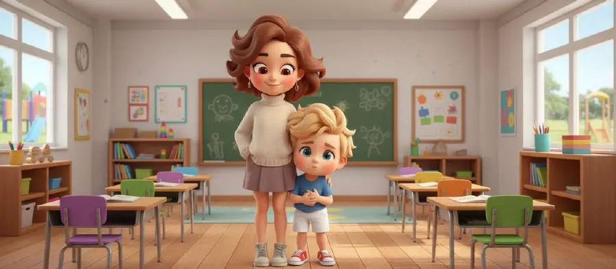 Una maestra y un niño pequeño se abrazan en el aula vacía de la guardería, junto a la pizarra