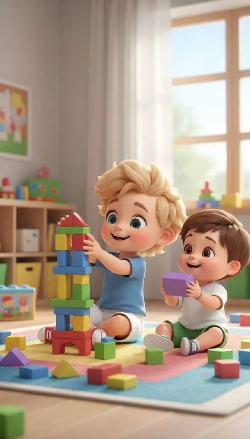Dos niños pequeños construyen juntos una torre de bloques de colores sobre una alfombra