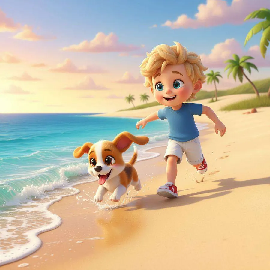 Un niño corre por la orilla de la playa al atardecer con un cachorro trotando a su lado