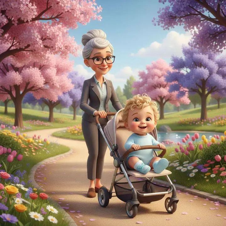 Una abuela pasea con el carrito del bebé por un parque lleno de cerezos en flor y tulipanes