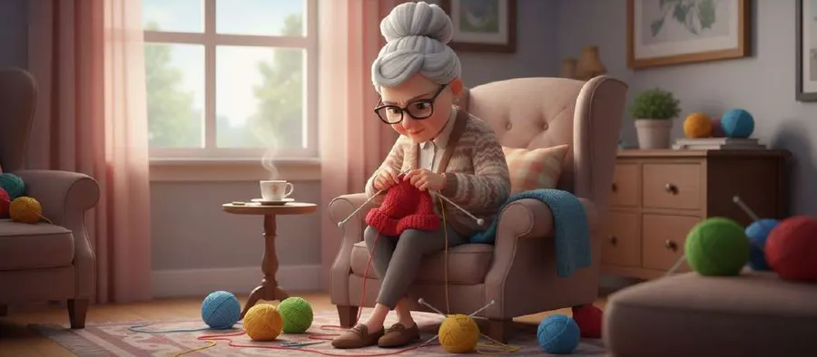 Una abuela teje en un sillón junto a la ventana, rodeada de ovillos de lana de colores
