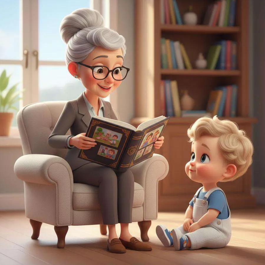 Una abuela sentada en un sillón enseña un álbum de fotos a un niño pequeño que la escucha desde el suelo