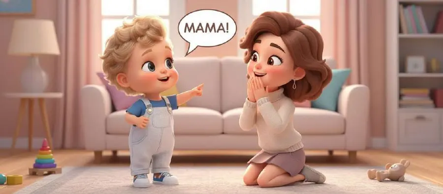 Un niño pequeño señala a su madre, arrodillada frente a él, mientras dice «¡mamá!» en un bocadillo