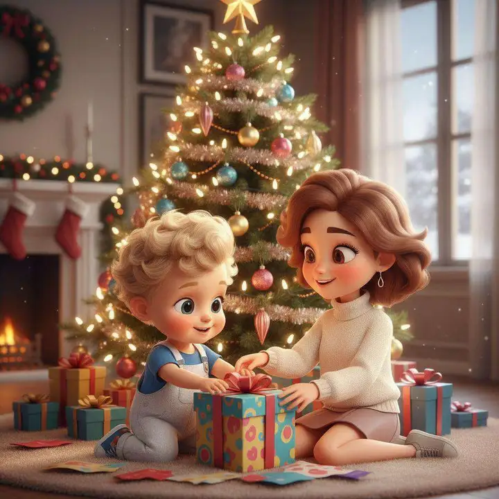 Un niño pequeño abre un regalo junto al árbol de Navidad mientras su madre le ayuda, con la chimenea encendida detrás