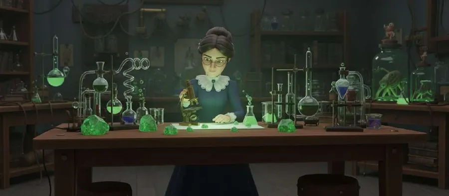 Marie Curie, sola en su laboratorio a oscuras, ante una mesa con matraces y unas piedras verdes que brillan