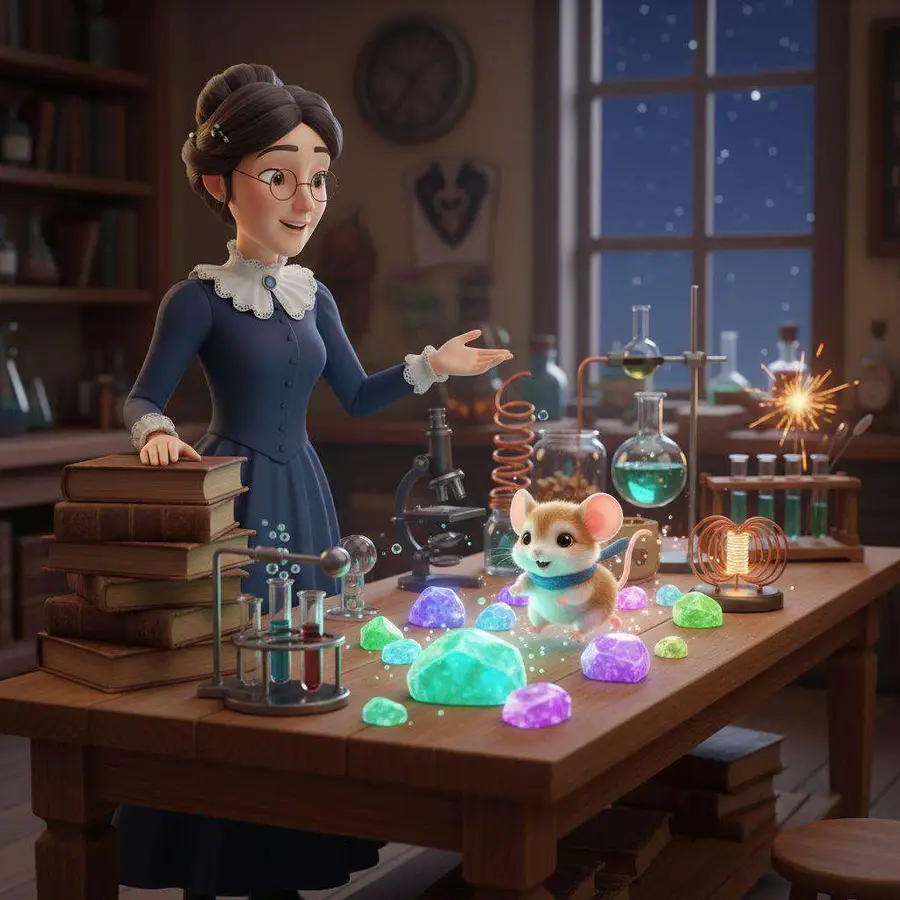 Marie Curie señala las piedras de colores sobre la mesa del laboratorio, junto a Chispa, un ratoncito, y una pila de libros