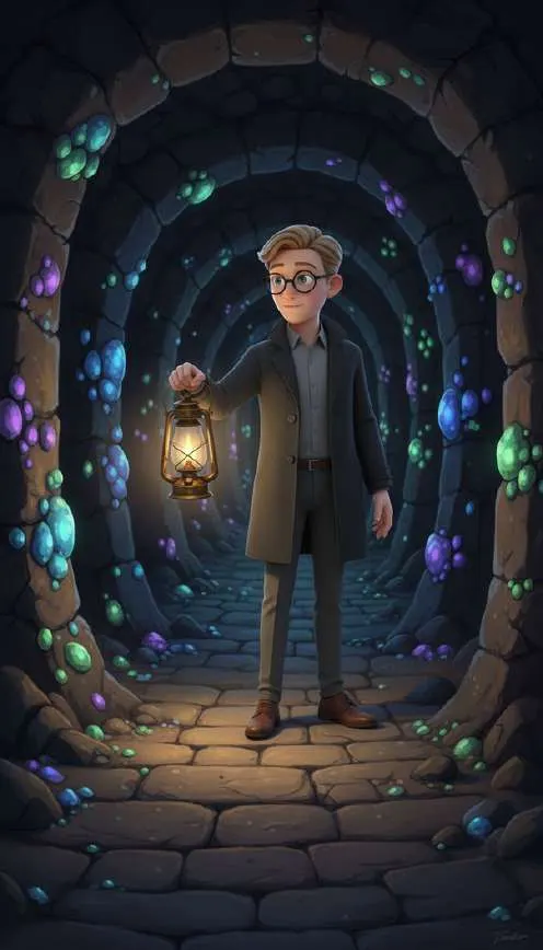 Nico ilumina con su lámpara de aceite un pasadizo de piedra cubierto de cristales que brillan