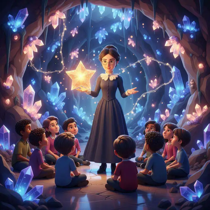 Marie Curie sostiene una piedra con forma de estrella ante un grupo de niños sentados en la caverna de cristales