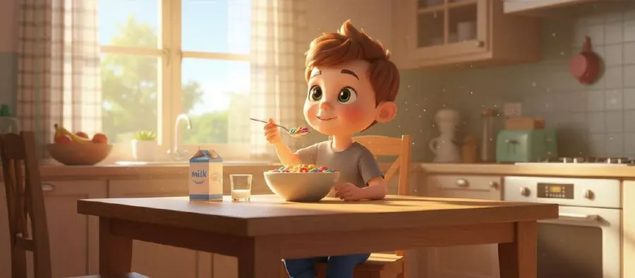 Mario desayuna cereales solo en la mesa de la cocina, con la luz de la mañana entrando por la ventana