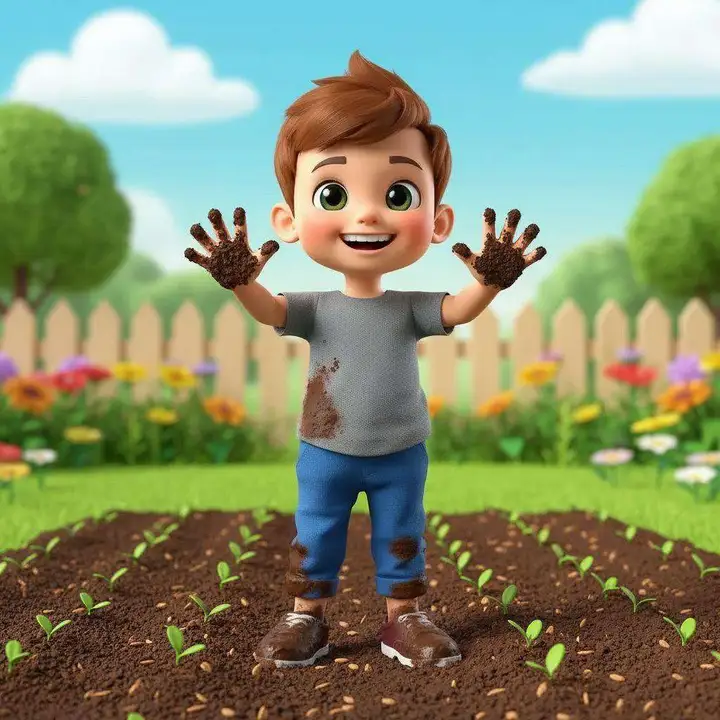 Mario, de pie sobre la tierra recién sembrada, enseña sus dos manos manchadas de barro con una sonrisa enorme