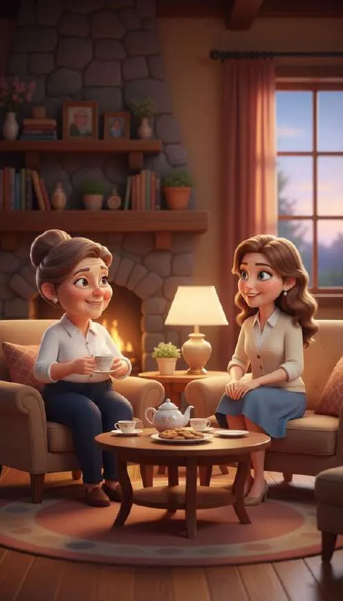 La abuela Isabel y Claudia conversan con la merienda servida junto a la chimenea del salón
