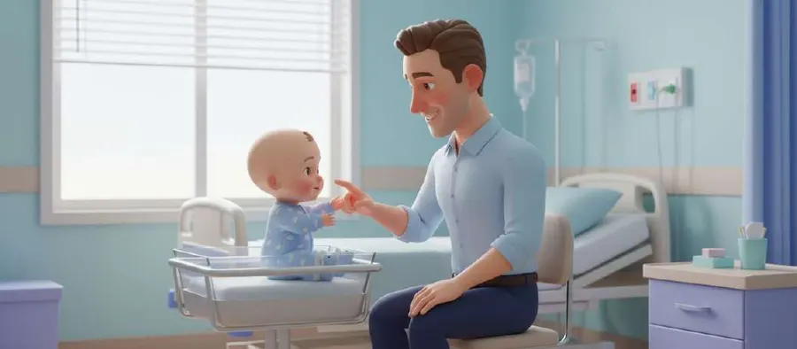 Alejandro, sentado junto a la cuna del hospital, acerca la mano a Mateo, que le mira desde dentro