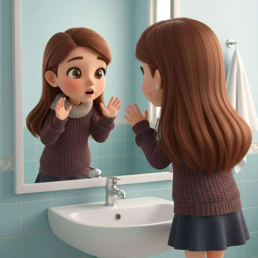 Una niña se mira sorprendida en el espejo del baño, con las manos apoyadas en el cristal