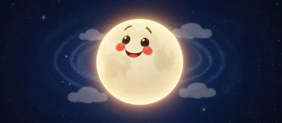 Una luna llena con cara sonriente flota entre nubes y estrellas en un cielo nocturno