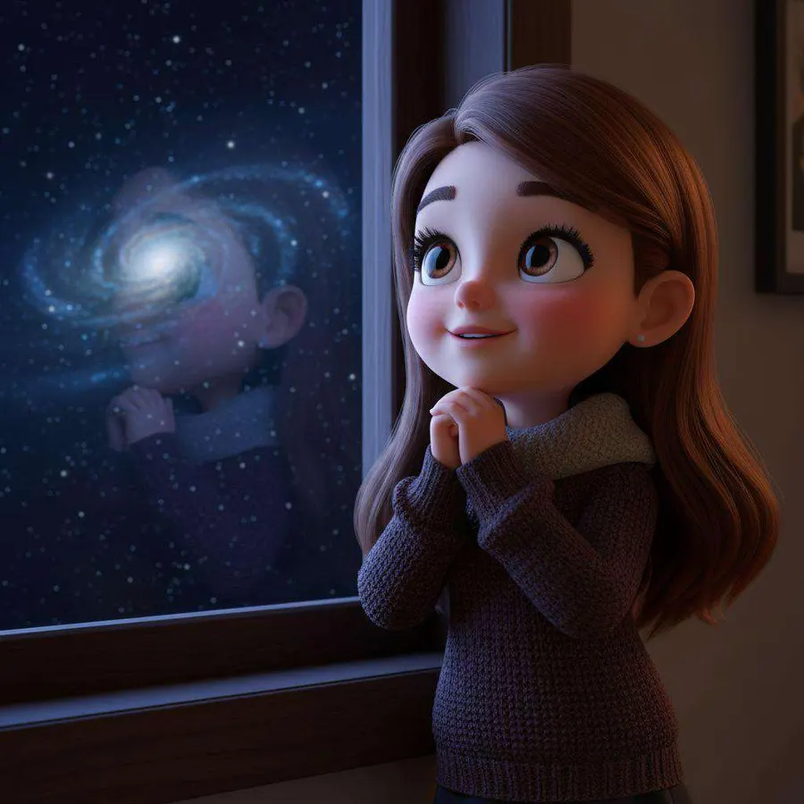 La niña, apoyada en la ventana de su cuarto, mira el cielo estrellado con una sonrisa tranquila