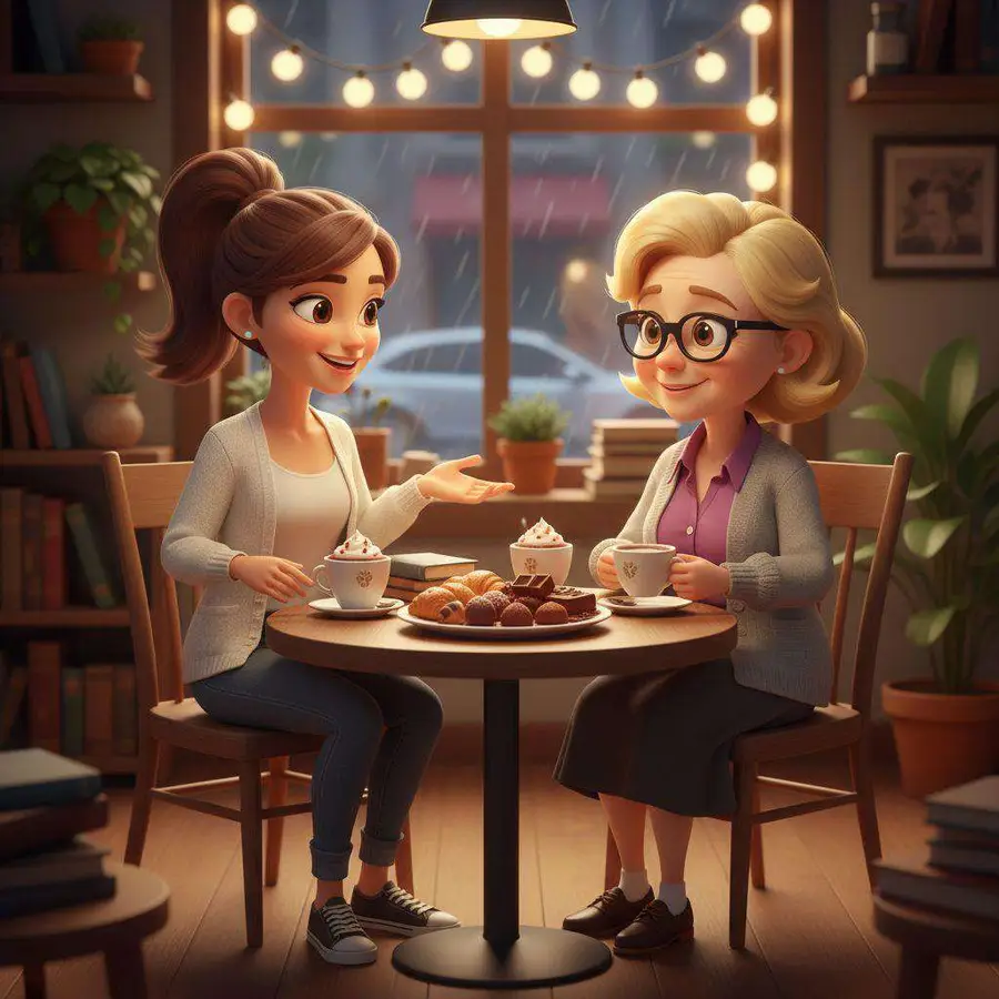 Ali y su madre charlan en la mesa de una cafetería con dos tazas de chocolate y un plato de bollería, mientras llueve al otro lado del cristal