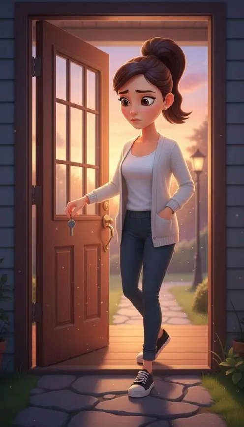 Ali cruza el umbral de la puerta de su casa al atardecer, con las llaves en la mano y la mirada seria