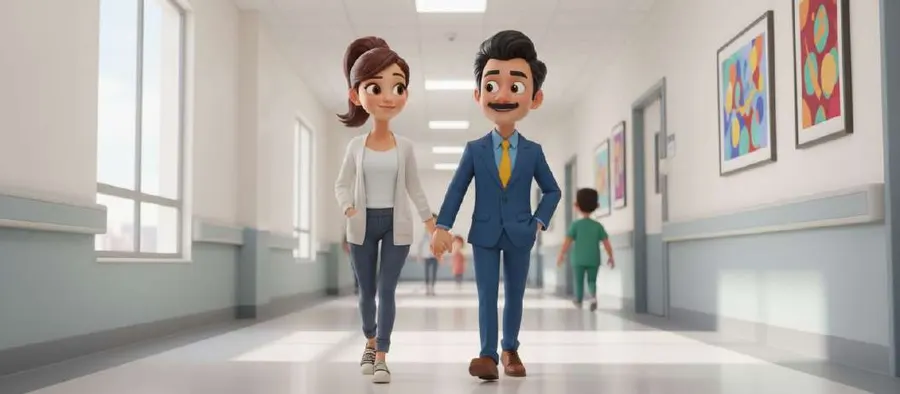 Ali y su marido caminan de la mano por un pasillo de hospital lleno de luz natural