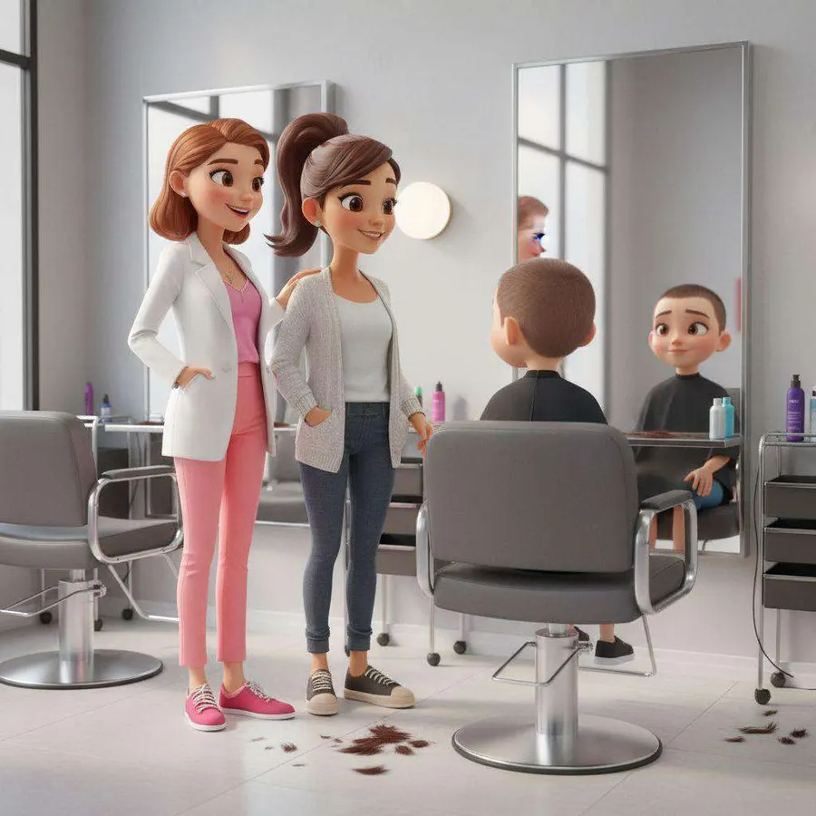 Ali, de pie en una peluquería junto a la profesional que la acompaña, con mechones de pelo en el suelo y un espejo detrás