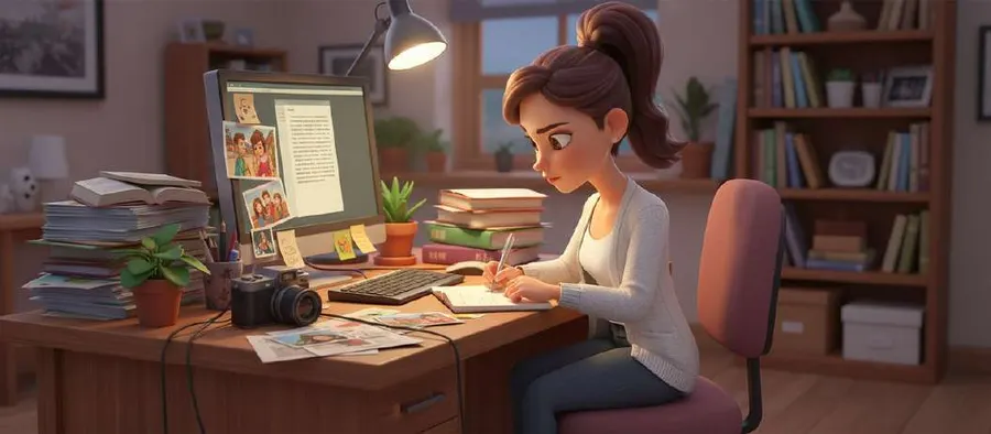 Ali escribe a mano en su escritorio, con fotografías en la pantalla del ordenador y montones de papeles y libros alrededor