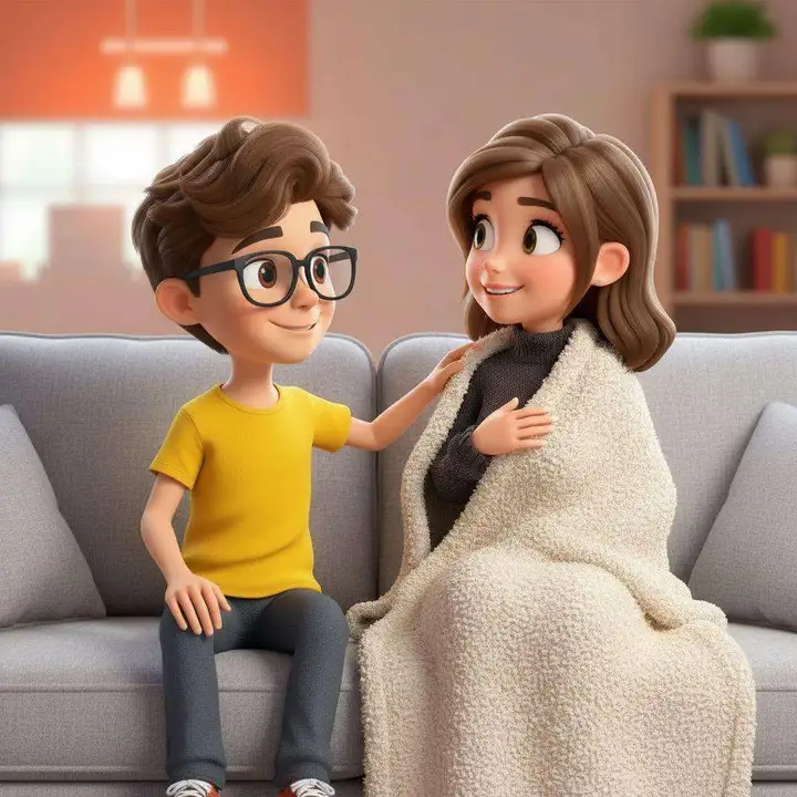 Un niño con gafas y camiseta amarilla se sienta en el sofá junto a su hermana mayor, tapada con una manta, y le pone la mano en el hombro