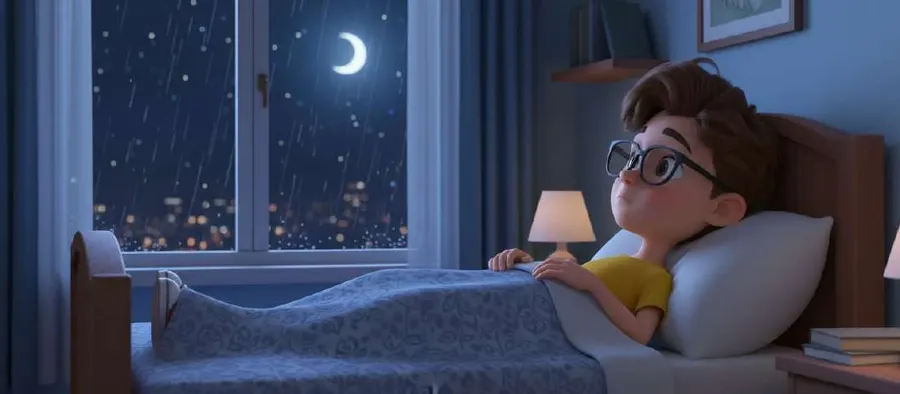 Un niño con gafas, tumbado en la cama sin poder dormir, mira hacia la ventana de su habitación por la que se ve la luna