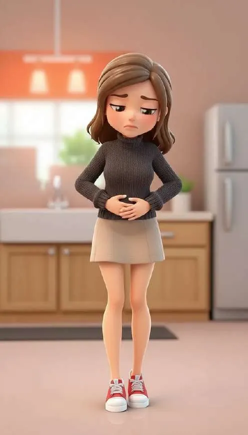 Una chica se sujeta la barriga con las dos manos y hace un gesto de dolor, de pie en la cocina de casa