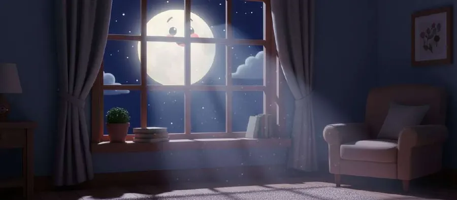 La luna con cara sonriente se asoma por la ventana de un salón a oscuras, iluminando la alfombra y el sillón