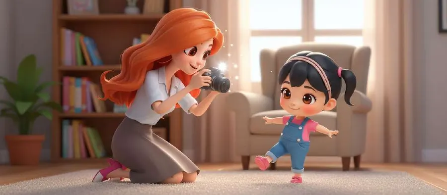 Laura, agachada con una cámara, fotografía a Julia dando sus primeros pasos en el salón