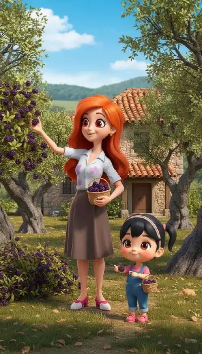 Laura recoge moras de una rama con un cuenco en la mano mientras Julia la ayuda desde abajo, junto a la casa de campo