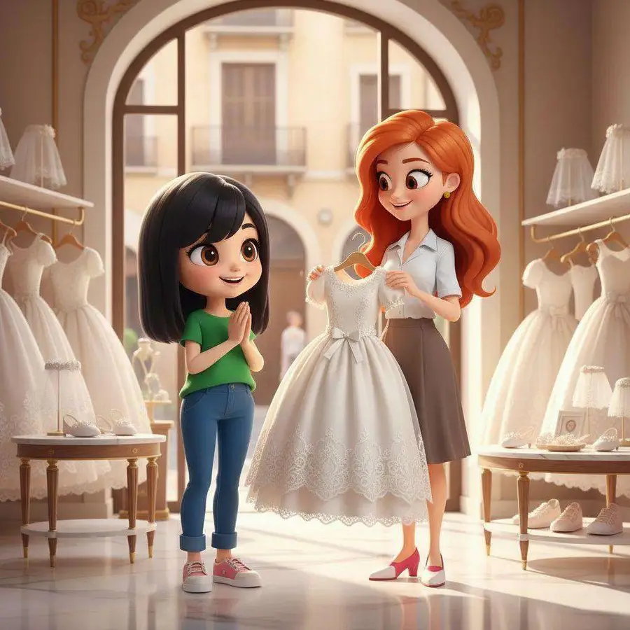 Laura le muestra a Julia un vestido blanco de comunión en una tienda llena de vestidos colgados