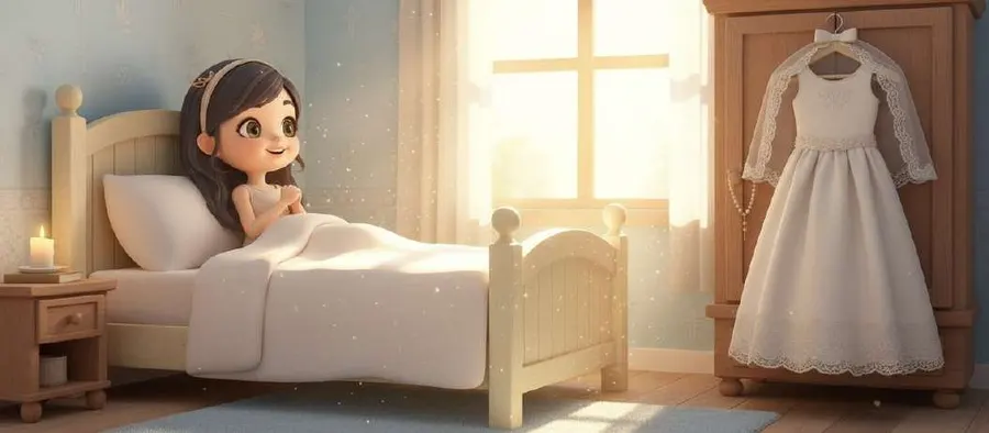 Amelia, metida en la cama, mira su vestido de comunión colgado del armario a la luz de la ventana