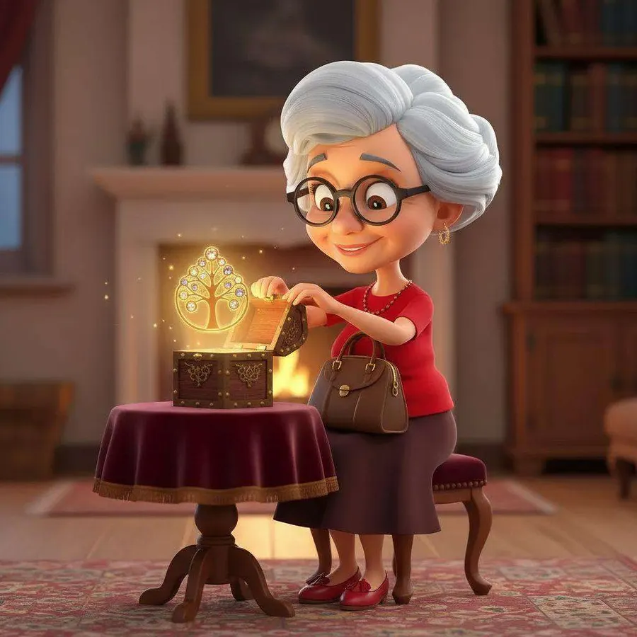 La abuela abre una cajita antigua de la que sale un resplandor dorado, junto a la chimenea del salón