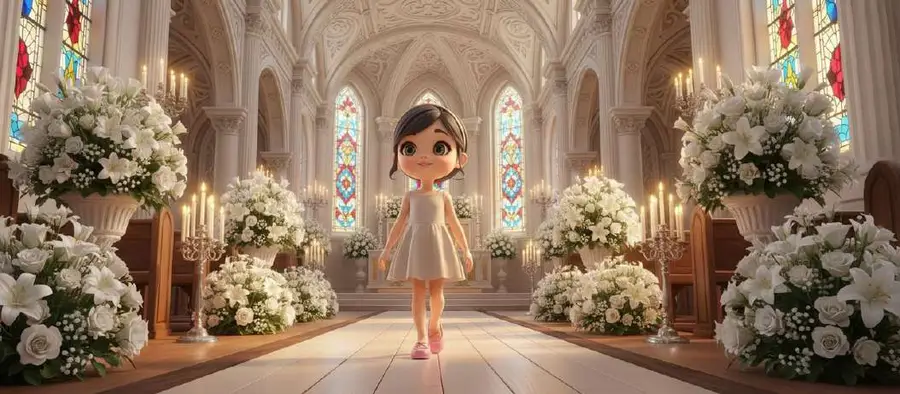 Amelia avanza por el pasillo central de la iglesia entre grandes ramos de flores blancas y velas encendidas