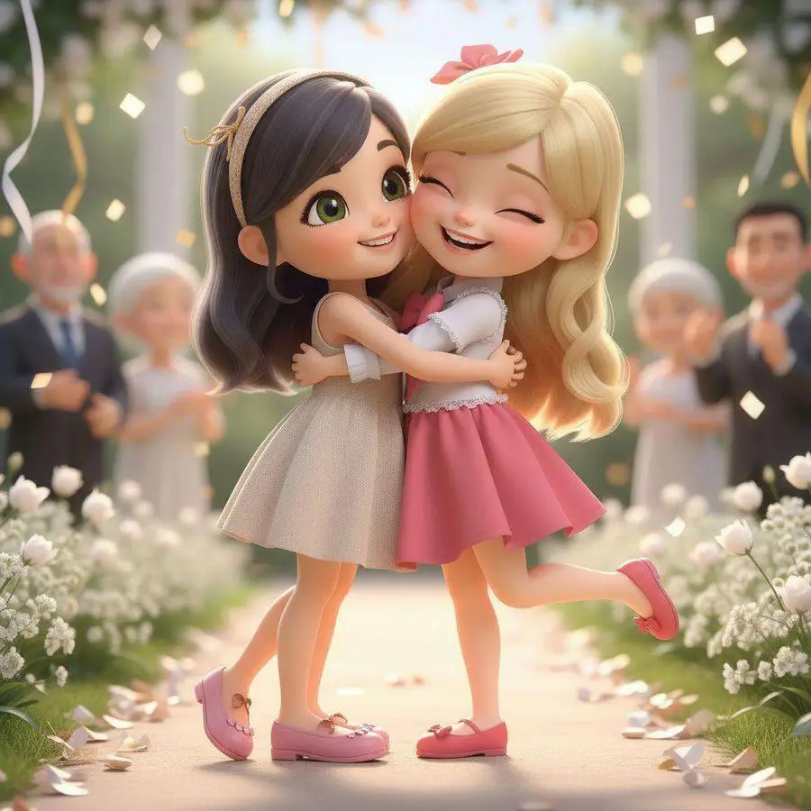 Amelia y su prima Martina se abrazan a la salida de la iglesia entre confeti y flores blancas
