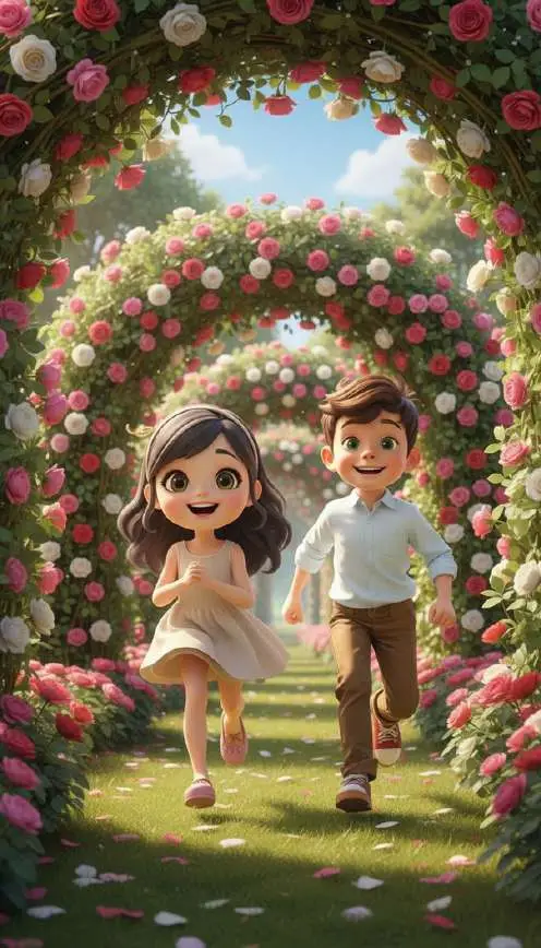 Amelia y Luis corren riendo bajo un arco de rosas del jardín