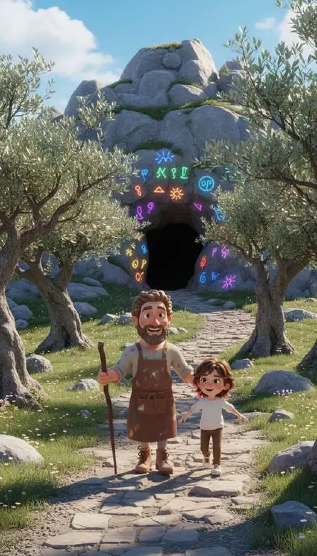 Miguel Ángel y Luca suben por un sendero entre olivos hacia la boca de una cueva marcada con símbolos de colores