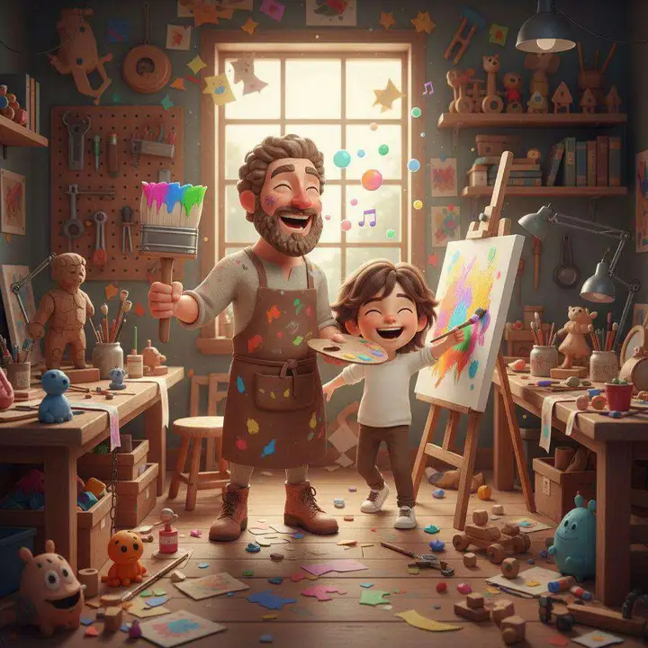 Miguel Ángel y Luca, riéndose, pintan juntos ante un caballete en el taller lleno de color