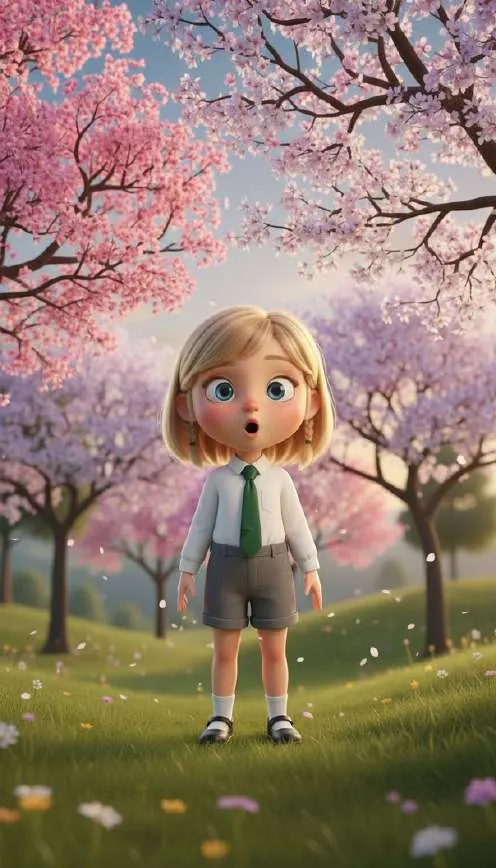 Clara, de pie en un prado bajo unos cerezos en flor, abre mucho los ojos sorprendida