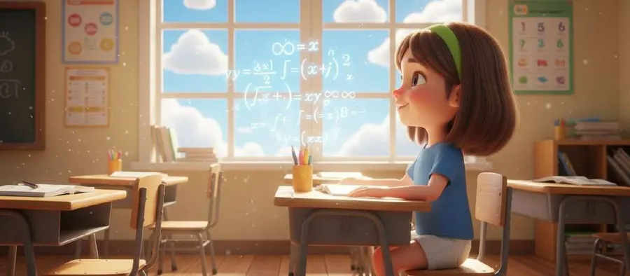 Valeria mira por la ventana del aula mientras en el cristal flotan nubes y fórmulas matemáticas