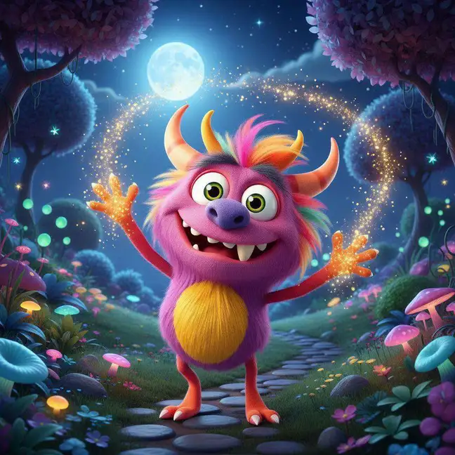 Bibo, una criatura peluda de colores rosas y naranjas, traza un arco de chispas doradas bajo la luna llena en un bosque nocturno