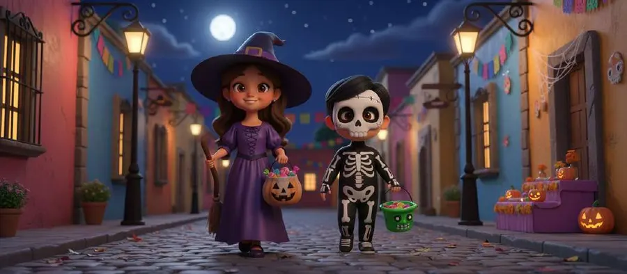 Dos niños disfrazados de bruja y esqueleto recorren con sus cestas una calle mexicana decorada con calabazas y papel picado