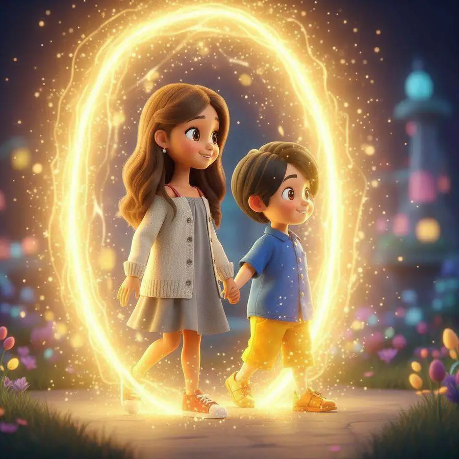 Dos hermanos cruzan de la mano un anillo de luz dorada rodeado de chispas y flores luminosas