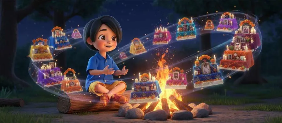 Un niño sentado junto a una hoguera hace aparecer una espiral de altares y casas iluminadas flotando en el aire nocturno