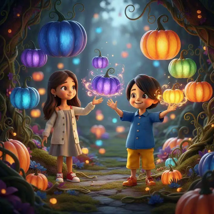 Dos niños hacen flotar calabazas luminosas de color azul, morado, verde y naranja en un bosque nocturno